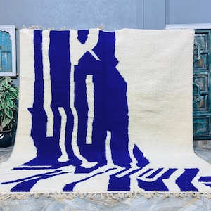 Handmade Beni Ourain Rug: White & Blue Moroccan Wool Carpet