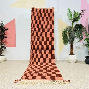 Handmade Beni Ourain Runner Rug: Moroccan Checkered Wool Hallway Carpet