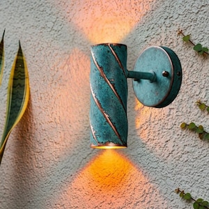 Handmade Copper Wall Sconce: Aged Green Patina, Rustic Farmhouse Lighting