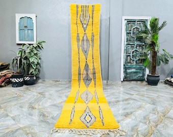 Handmade Wool Beni Ourain Runner Rug: Yellow Moroccan Hallway Carpet