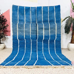 Handmade Moroccan Beni Ourain Rug – Blue Wool Berber Carpet, Minimalist Shag Rug, Blue Moroccan Rug 7x10