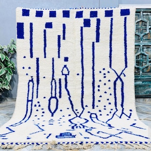 SOFT MOROCCAN RUG, Beni Ourain Rug, Custom Rug, White And Blue Rug, All Wool Rug, Berber Rug Blue, Woven Morrocan Rug