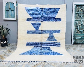 Authentique tapis marocain, tapis Beni Ourain, tapis fait main, tapis blanc et bleu, tapis marocain personnalisé, tapis toute en laine, tapis berbère, tapis abstrait