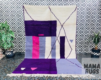 Moroccan Handmade rug ,Beni ourain woven Morocco wool Berber Rug, modern rug, Hand woven rug, kids rug - Deep Purple  & White Rug