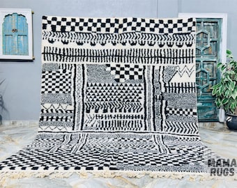 Alfombra Beni Ourain hecha a mano: alfombra marroquí de lana en blanco y negro