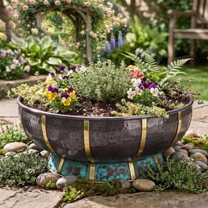 Op de afbeelding: Een grote, ronde plantenbak van donkergrijs metaal met verticale goudkleurige metalen strips en een groenblauwe voet. De plantenbak is gevuld met aarde, groene kruiden en kleine gele, witte en paarse viooltjes op een stenen terras.