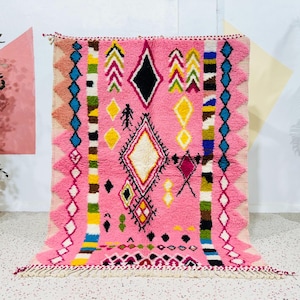 Pink Moroccan Rug, Handmade Wool Berber Beni Ourain Rug, Vibrant Area Carpet, Bohamain Moroccan Rug, Pink Area Rug, Free Shipping