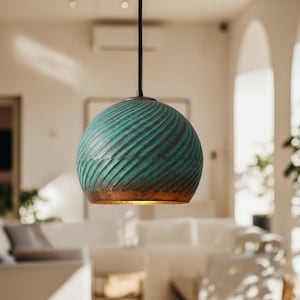 Handmade Copper Pendant Light With Spiral Design - Decorative Ceiling Lamp - Dome Copper & Patina pendant Light - Rustic Chandelier Fixture