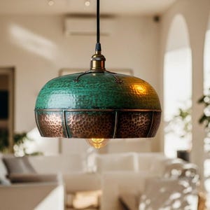 Handmade Brass Dome Pendant Lamp: Green Patina Industrial Light