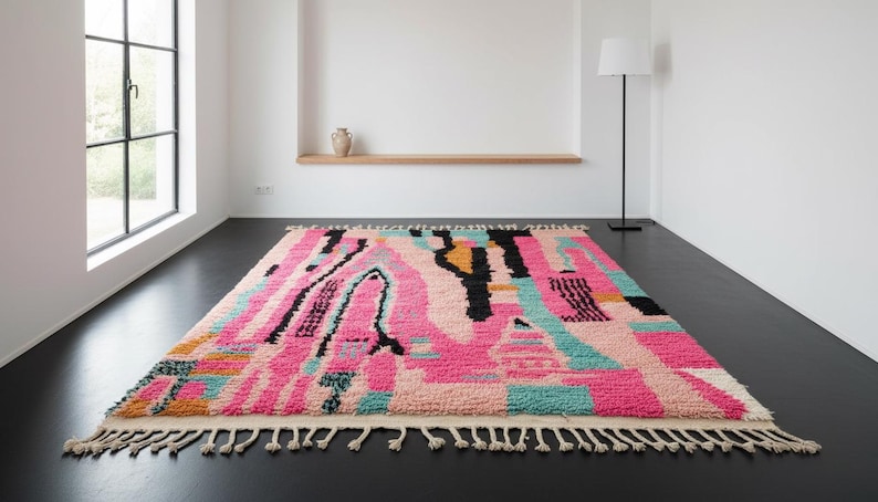 May include: A rectangular rug with a vibrant abstract design. The rug features a mix of pink, black, teal, and yellow shapes. It has a cream-colored fringe along the edges. The rug is placed on a dark floor.