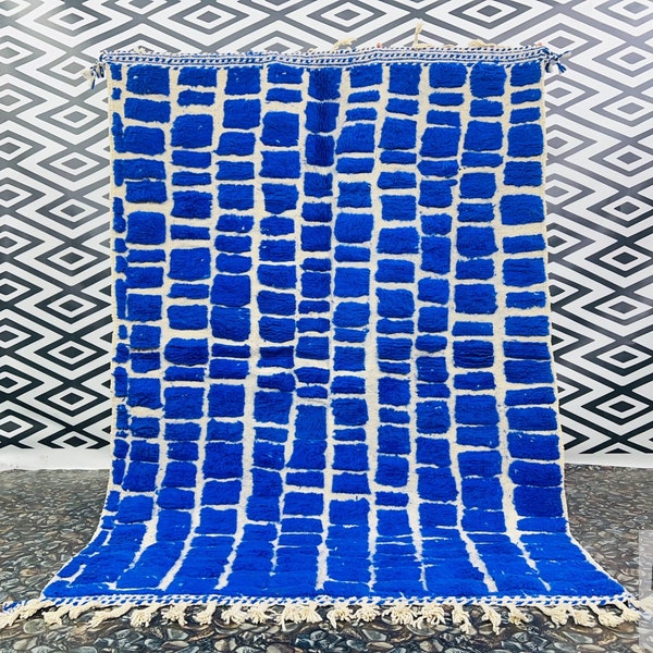 BLUE BENIOURAIN RUG, Moroccan Blue Rug, Area Wool Rug, Checkered Rug, Aegean Blue Rug, Area Rug, Bohemian Rug, Large Handmade Rug