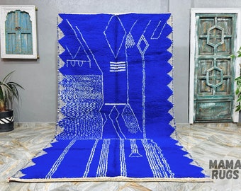 Hermosa alfombra Beni Ourain azul, alfombra marroquí azul, alfombra hecha a mano, alfombra de lana azul, alfombra abstracta, alfombra azul y blanca, alfombra tejida a mano