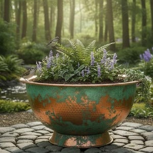May include: A large, copper-coloured planter with a green patina, filled with greenery and purple flowers, sits on a stone patio. The planter is round with a wide base. Two small birds perch on the edge. The background is a lush forest.