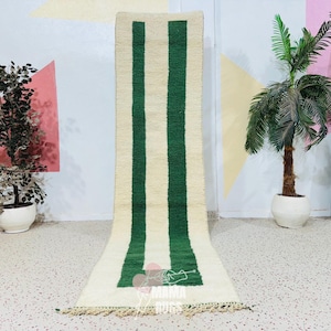 Handmade Wool Runner Rug: Green & White Beni Ourain Style