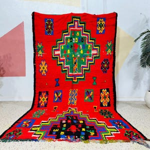 Red Vintage Moroccan Berber Rug: Handmade Wool Boujaad Rug (5.8ft x 10.4ft)