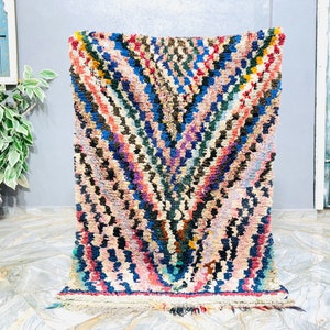Vintage Berber Boucharouite Rug: Colorful Moroccan Carpet (3.7ft x 5.2ft)
