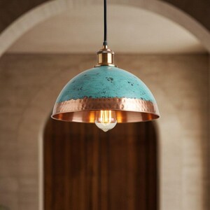 Handcrafted Brass Dome Pendant Lamp: Antique Green Finish