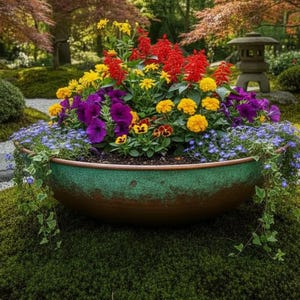 Op de afbeelding: Een grote, ovale, groen-bruine keramische plantenbak vol kleurrijke bloemen. De bloemen zijn rood, geel, paars en blauw. De plantenbak staat op een bed van groen mos in een Japanse tuin.