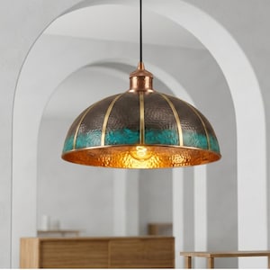 Handgemaakte gehamerde koperen koepelhanglamp, rustieke boho keukenplafondlamp, industrieel hangend lichtpunt