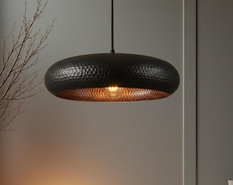Nowoczesna lampa sufitowa z czarną, miedzianą kopułą - ręcznie robiona lampa wisząca w stylu marokańskim - oświetlenie z kutej miedzianej kopuły - lampa na wyspę kuchenną