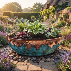 Può includere: Una grande ciotola per piante rotonda in rame martellato con una vivace finitura a patina color ottanio sulla metà inferiore. Il vaso è riempito di terriccio scuro e varie piante verdi, tra cui un hosta centrale, su ciottoli.