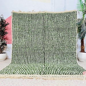 Handmade Beni Ourain Wool Rug: Abstract Green & White Moroccan Carpet (7ft x 9ft)