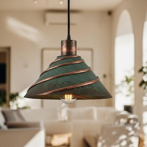 Handmade Brass Dome Pendant Light: Green Patina Rustic Chandelier