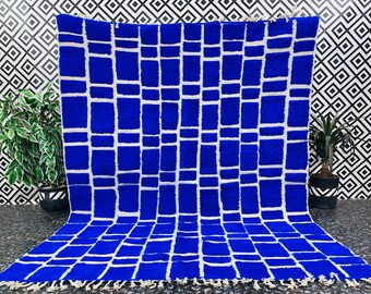 Moroccan rug blue; Checkered rug; Custom Beni ourain rug; Rugs For living Room; Blue wool rug; Plain Blue rug