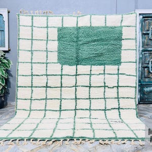 Handmade Beni Ourain Rug: White & Sage Green Abstract Moroccan Carpet