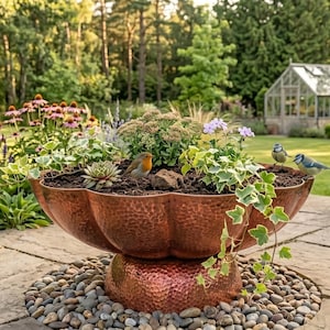 Maceta rústica de cobre, maceta de jardín hecha a mano, maceta grande para exteriores, decoración de patio.