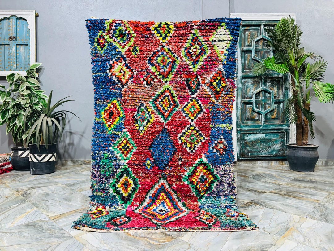 モロッコ製 手織りベルベル族ラグ 絨毯 カーペット赤 トルコ、ギャッベ