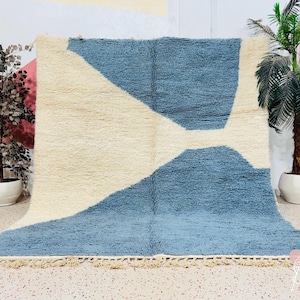 Handmade Beni Ourain Wool Rug: White & Blue Moroccan Berber Carpet