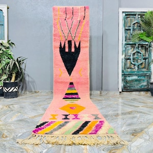 Vintage Pink Berber Runner Rug: Handmade Moroccan Wool Boujaad, 2.7ft x 12.6ft