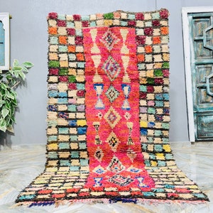 Handmade Moroccan Boucherouite Rug: Colorful Berber Textile (4.1ft x 7.6ft)