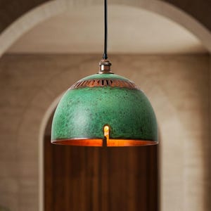 Handcrafted Brass Dome Pendant Lamp: Green Patina, Antique Finish