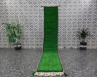 Handmade Wool Runner Rug: Green Moroccan Beni Ourain Hallway Rug