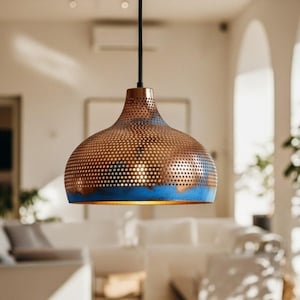 Blue Patina Copper Hanging Lamp – Hammered Handmade Ceiling Light Fixture - Farmhouse Pendant Light