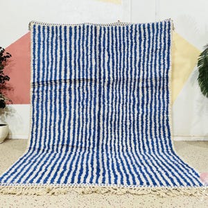 Handcrafted Beni Ourain Wool Rug: Striped Blue Moroccan Carpet, Custom Sizes
