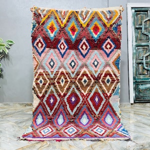Vintage Berber Boucharouite Rug: Colorful Moroccan Fabric Carpet (4.2ft x 6.6ft)