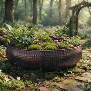 Puede incluir: Un cuenco macetero grande y redondo de metal martillado en tono cobre, lleno de tierra, musgo verde, pequeños helechos y diminutas flores moradas. El exterior del cuenco presenta un patrón texturizado y abollado en toda su superficie.