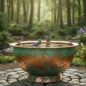 Handcrafted Solid Copper Bird Bath Basin - Verde Copper Finish