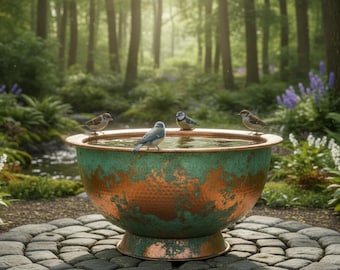 Handcrafted Solid Copper Bird Bath Basin - Verde Copper Finish