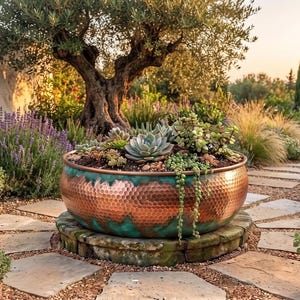 May include: A large, round, hammered copper planter with a teal patina finish around the base, filled with a variety of green succulents. The planter sits on a circular stone base in a garden setting with various potted plants and trees.