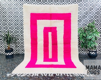 Stunning Beni Ourain Rug, Moroccan Rug, Handmade Pink Rug, Abstract Rug, Custom Rug, White And Pink Rug, Moroccan Area Rug, Bohemian Rug