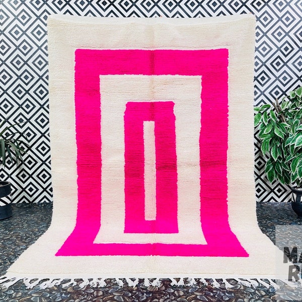 Stunning Beni Ourain Rug, Moroccan Rug, Handmade Pink Rug, Abstract Rug, Custom Rug, White And Pink Rug, Moroccan Area Rug, Bohemian Rug