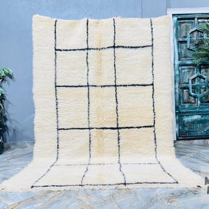 Boho Marokkanischer Teppich, Handgefertigter Beni Ourain Teppich, Berberteppich, Weicher Teppich für Wohnzimmer, Teppich Weiß Und Schwarz, Gitterteppich