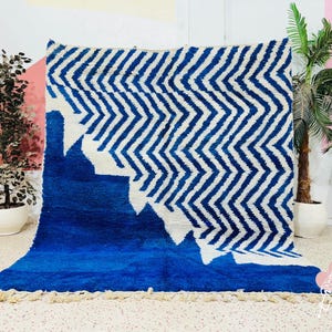 Custom Moroccan Beni Ourain Rug: Blue & White Wool, Handcrafted Berber Decor
