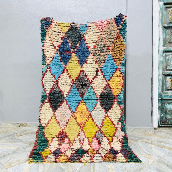 Boucherouite Moroccan Rug, Handmade Berber Rug, Vintage Boucherouite Carpet, Colorful Design Carpet, Antique Art Carpet, Tapis Berbere