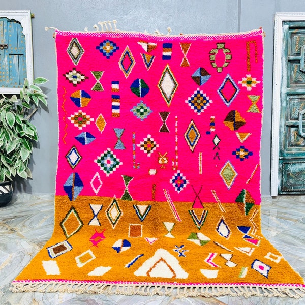 Pretty Beniourain Rug, Handmade Rug, Azilal Berber Rug, Pink And Mustard Rug, Abstract Rug; Morroco Rug, Teppich