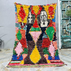Vintage Moroccan Bouchaouite Rug: Colorful Berber Recycled Fabric Carpet (4ft x 6.9ft)